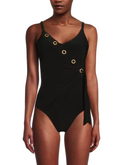 Beyond Control Women's Grommet-detail Wrap One-piece Swimsuit In Black