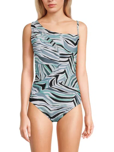 Beyond Control Women's Abstract One-shoulder One-piece Swimsuit In White Multi