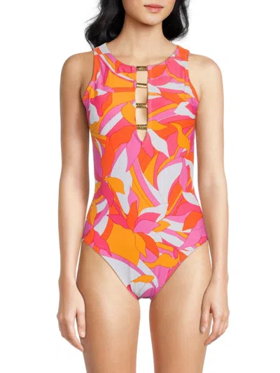 Beyond Control Women's Printed Round Neck One-piece Swimsuit In Pink Multi