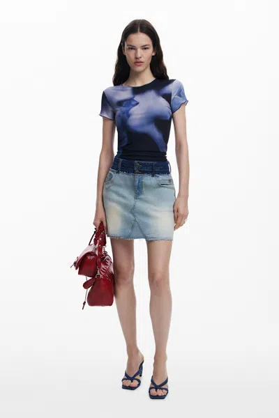 Desigual Abstract Floral Rib Top In Blue
