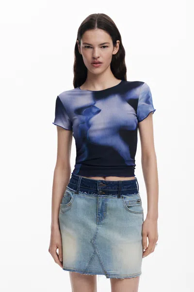 Desigual Abstract Floral Rib Top In Blue