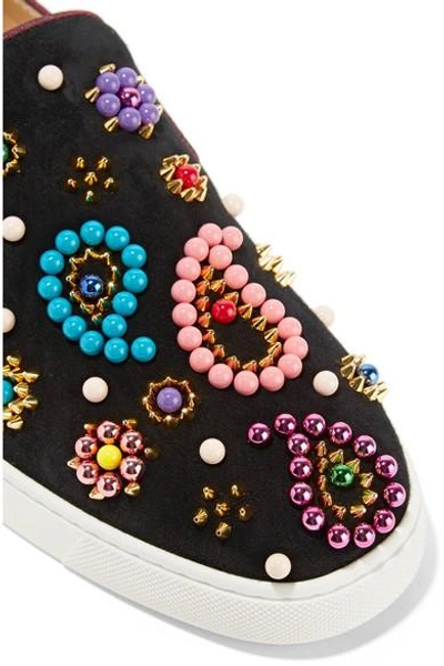 Shop Christian Louboutin Boat Candy Embellished Suede Slip-on Sneakers In Black