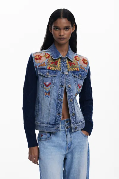 Desigual Combined Trucker Jacket With Embroidery In Blue