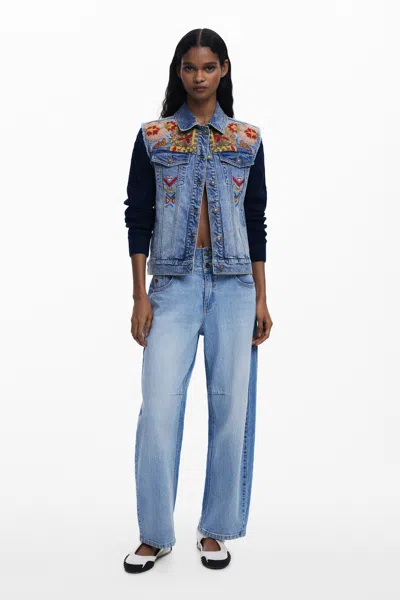 Desigual Combined Trucker Jacket With Embroidery In Blue
