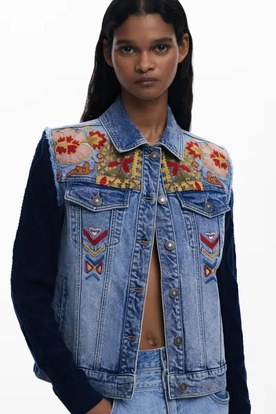 Desigual Combined Trucker Jacket With Embroidery In Blue