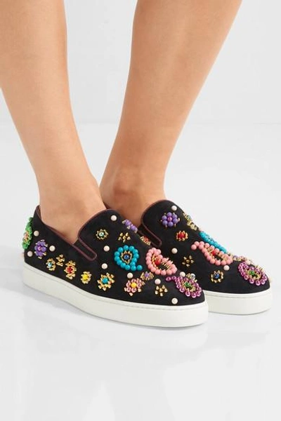 Shop Christian Louboutin Boat Candy Embellished Suede Slip-on Sneakers In Black