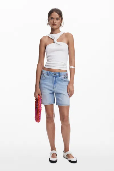 Desigual Embroidered Denim Shorts In Blue