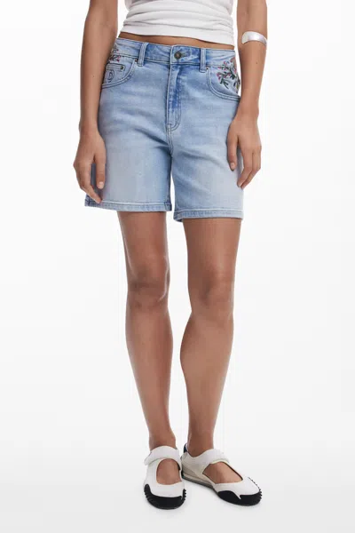 Desigual Embroidered Denim Shorts In Blue