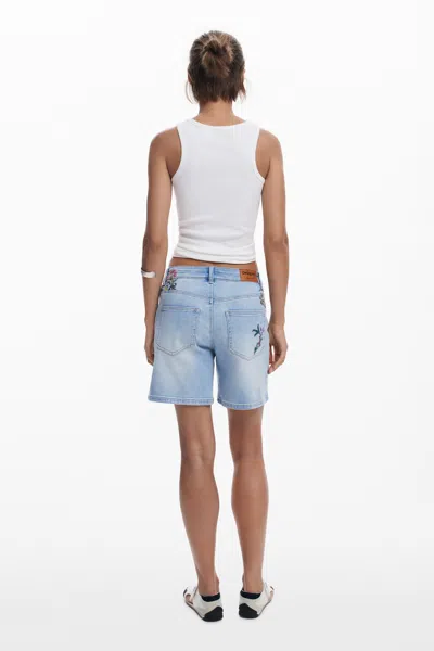 Desigual Embroidered Denim Shorts In Blue