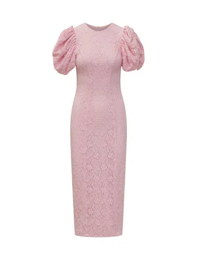 Rotate Birger Christensen Rotate Pink Floral Midi Dress With Puff Sleeves In Mixed Materials Women In Pink