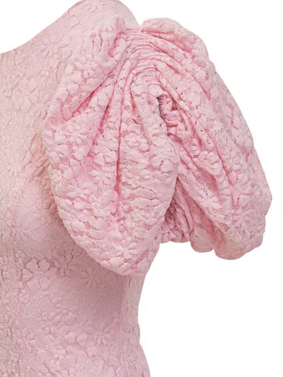 Rotate Birger Christensen Rotate Pink Floral Midi Dress With Puff Sleeves In Mixed Materials Women In Pink