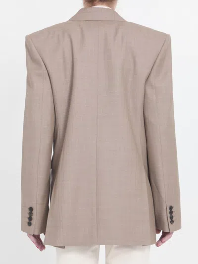 Saint Laurent Wool Double-breasted Jacket In Beige