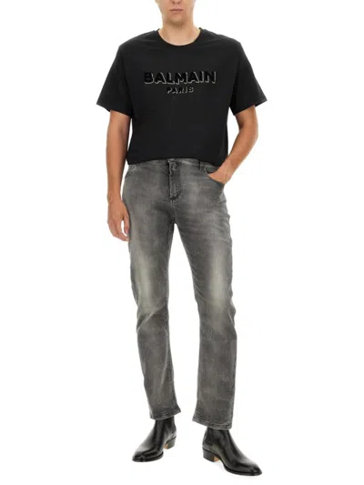 Balmain Regular Fit Washed Denim Jeans In Grey