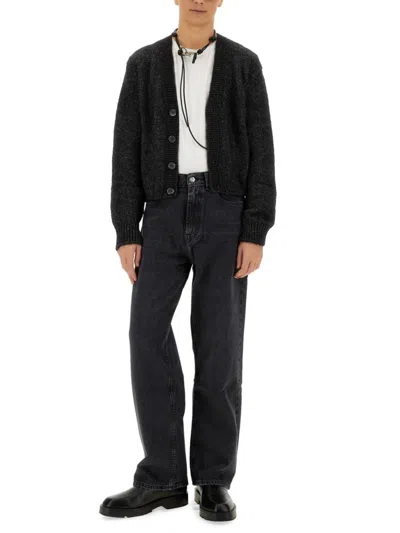 Our Legacy Textured V-neck Cardigan With Button-down Front In Black