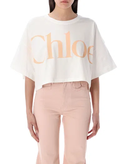 Chloé Cropped Printed Cotton-jersey T-shirt In White
