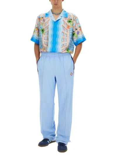 Casablanca Light Blue Bowling Shirt With All-over Graphic Print In Silk Man In Blue