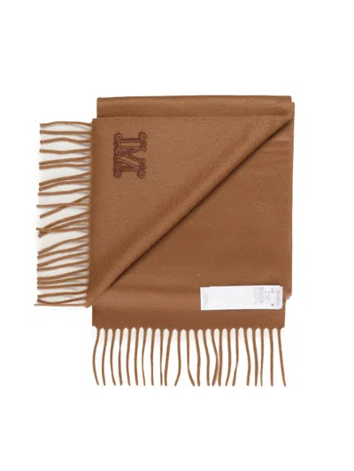 Max Mara Cashmere Scarf With Embroidered Logo And Fringe Detail In Brown