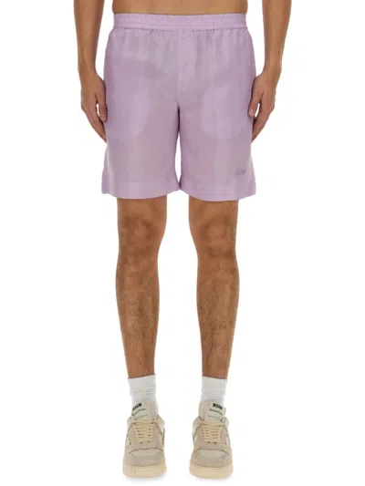 Msgm Regular Fit Cupro Shorts With Logo Detail In Purple