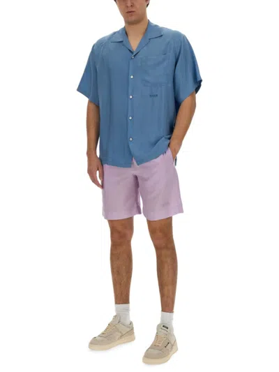 Msgm Regular Fit Cupro Shorts With Logo Detail In Purple