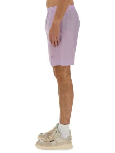 Msgm Regular Fit Cupro Shorts With Logo Detail In Purple