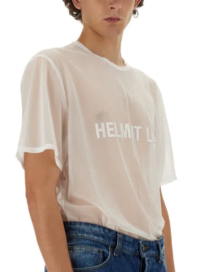 Helmut Lang Sheer White T-shirt With Bold Logo In Neutrals