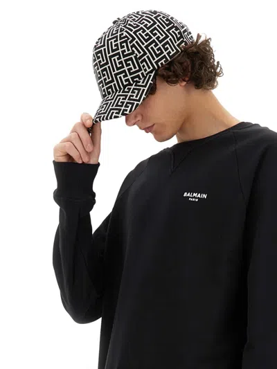 Shop Balmain Black Cotton Sweatshirt With Ribbed Neckline