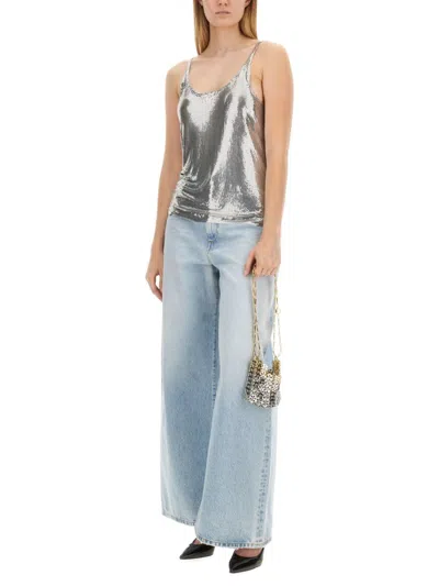 Rabanne Mesh Top With Metallic Sequin Embellishment In Silver