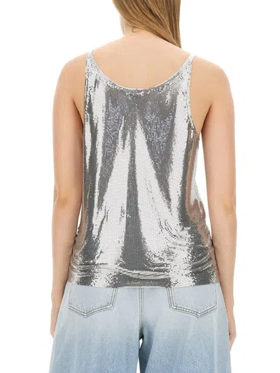 Rabanne Mesh Top With Metallic Sequin Embellishment In Silver