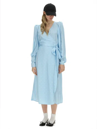 Rotate Birger Christensen Polka Dot Midi Wrap Dress With Pockets In Blue