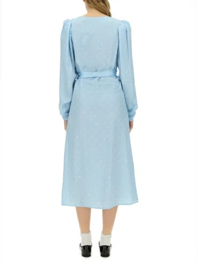 Rotate Birger Christensen Polka Dot Midi Wrap Dress With Pockets In Blue