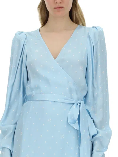 Rotate Birger Christensen Polka Dot Midi Wrap Dress With Pockets In Blue