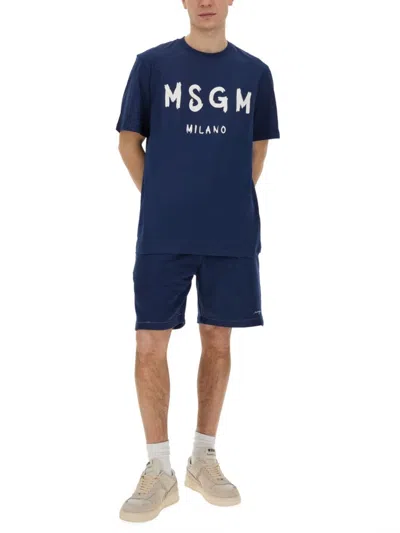 Msgm Bermuda Shorts With Embroidered Logo In Blue