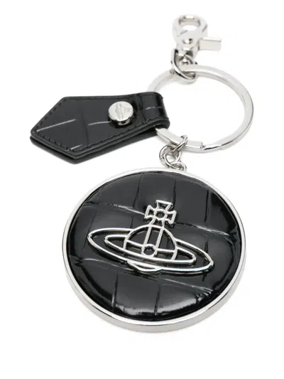 Vivienne Westwood Leather "orb" Keychain In Black