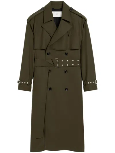 Ami Alexandre Mattiussi Double-breasted Belted Virgin Wool-gabardine Trench Coat In Green