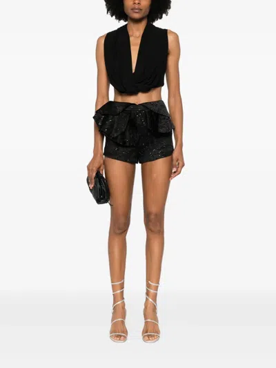 Redemption Ruffled Black Jacquard Shorts With Silver Accents In Black