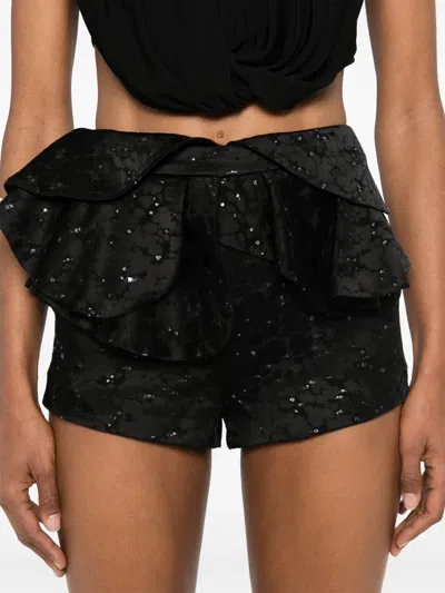 Redemption Ruffled Black Jacquard Shorts With Silver Accents In Black