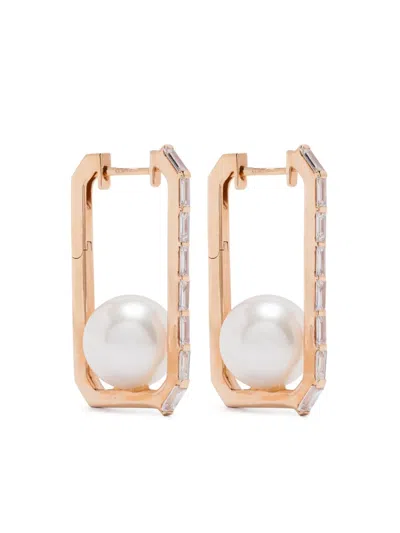 Shay 18k Rose Gold Diamond And Pearl Hoop Earrings In Pink