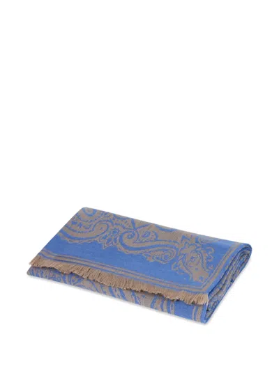 Etro Home Logo-jacquard Wool Throw Blanket (180cm X 140cm) In Blue