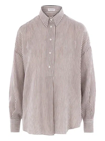Brunello Cucinelli Striped Linen And Silk Shirt In White