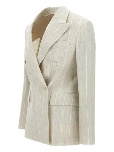 Eleventy Ecru Wool Linen Blazer With Stripes In Neutrals
