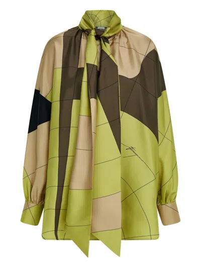 Ferragamo Silk Shirt With Sash In Citronella/cement
