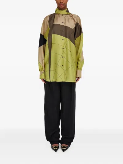 Ferragamo Silk Shirt With Sash In Citronella/cement