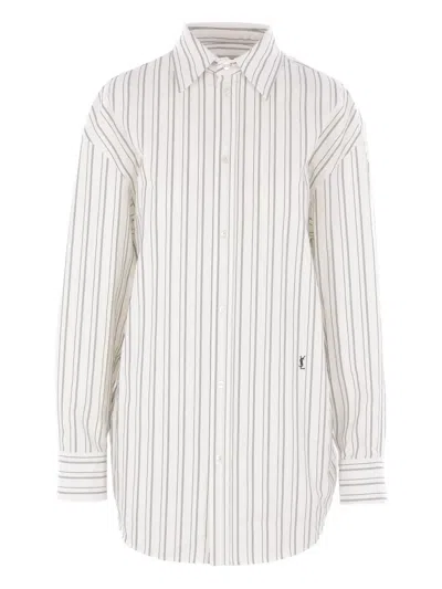 Saint Laurent Striped Cotton Shirt Curved Hem In White