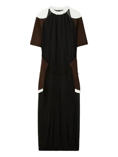 Tory Burch Colorblock Sheer Jersey Dress In Black