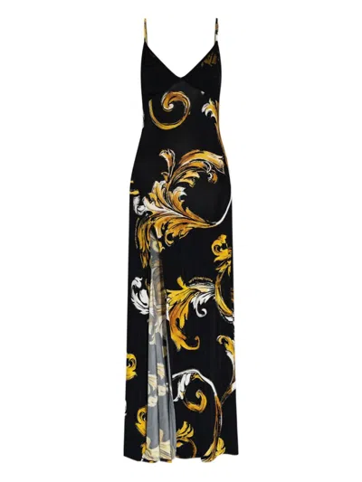 Versace Jeans Couture Maxi Dress With Signature Barocco Print In Black