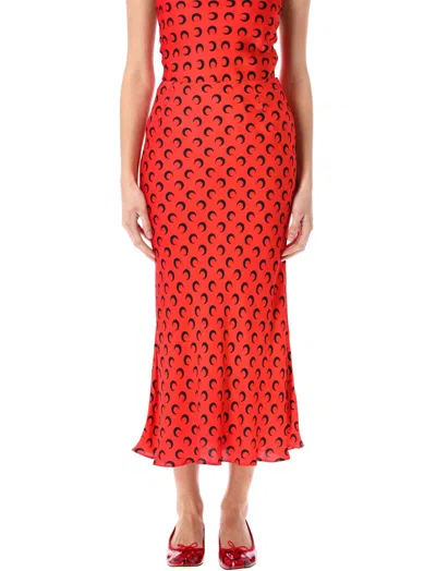 Marine Serre Crescent Moon-print Satin Midi Skirt In Red