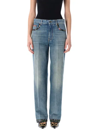 Valentino Straight-fit Denim Pants With Colorful Embellishments In Blue