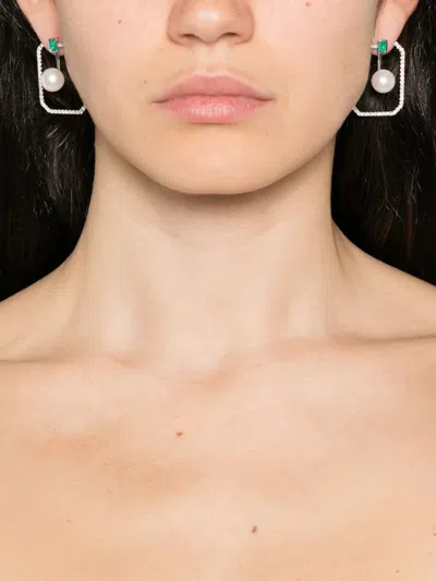 Shay 18k White Gold Multi-stone Octagon Hoop Earrings In Silver