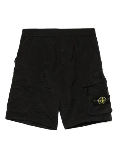 Stone Island Blue Shorts With Elastic Drawstring Waist And Logo Patch On The Front In Cotton Man In Black
