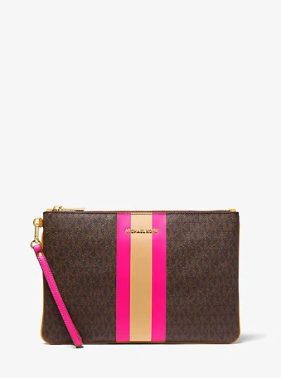 Michael Kors Large Logo Stripe Zip Pouch In Pink